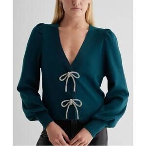 Express‎ Rhinestone Bow Cardigan Sweater Dark Green Puff Sleeve Party Holiday XL